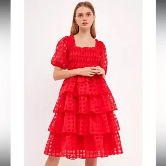 English Factory Check Organza Tiered Midi Dress Red S - Picture 1 of 7